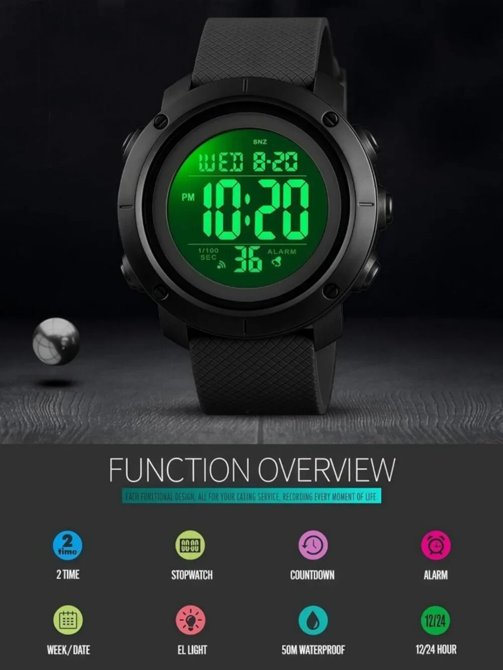 Men's Waterproof Digital Sports Watch with Backlight - Military Style, Black